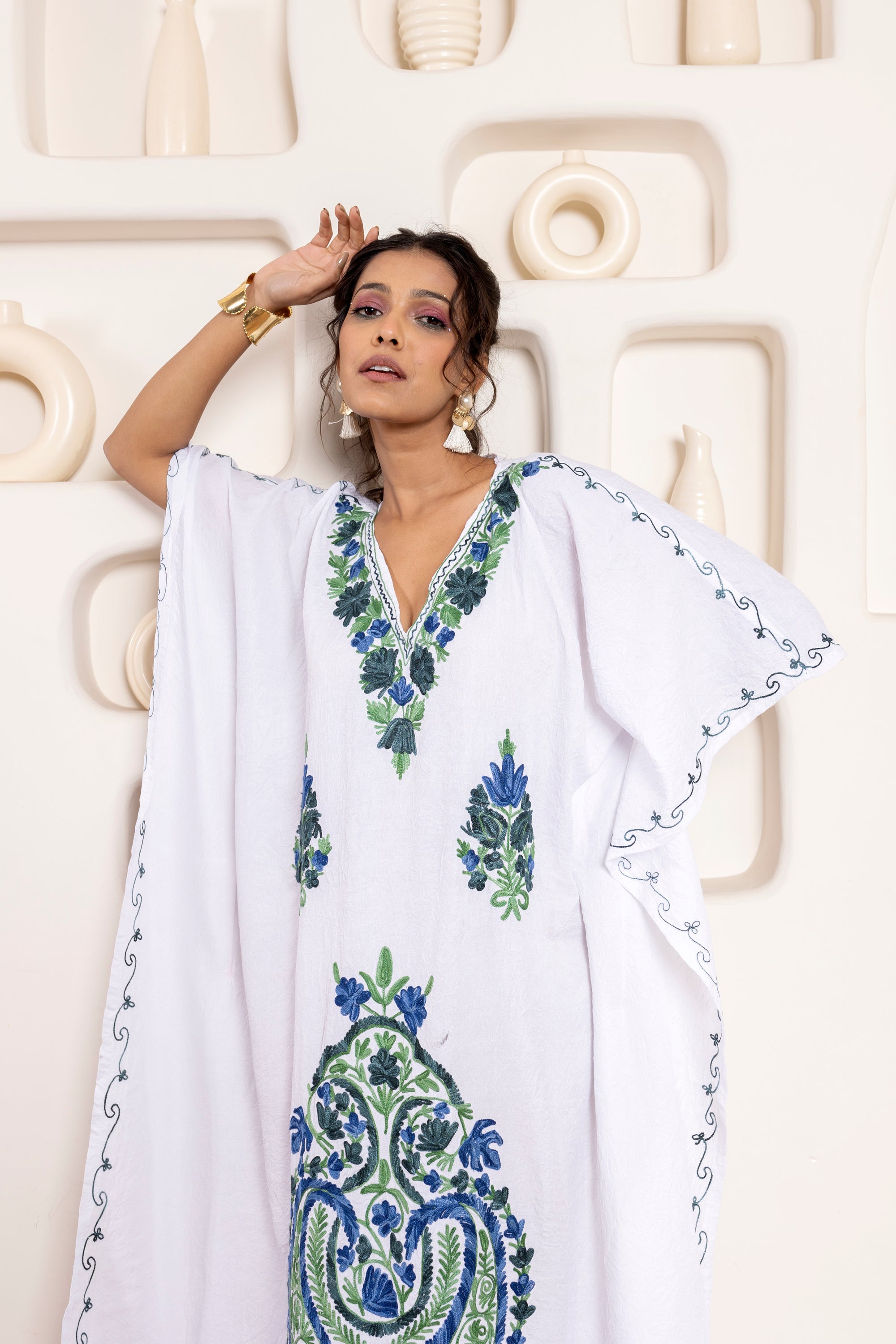 Whimsical White Kashmiri Summer Kaftan - Long