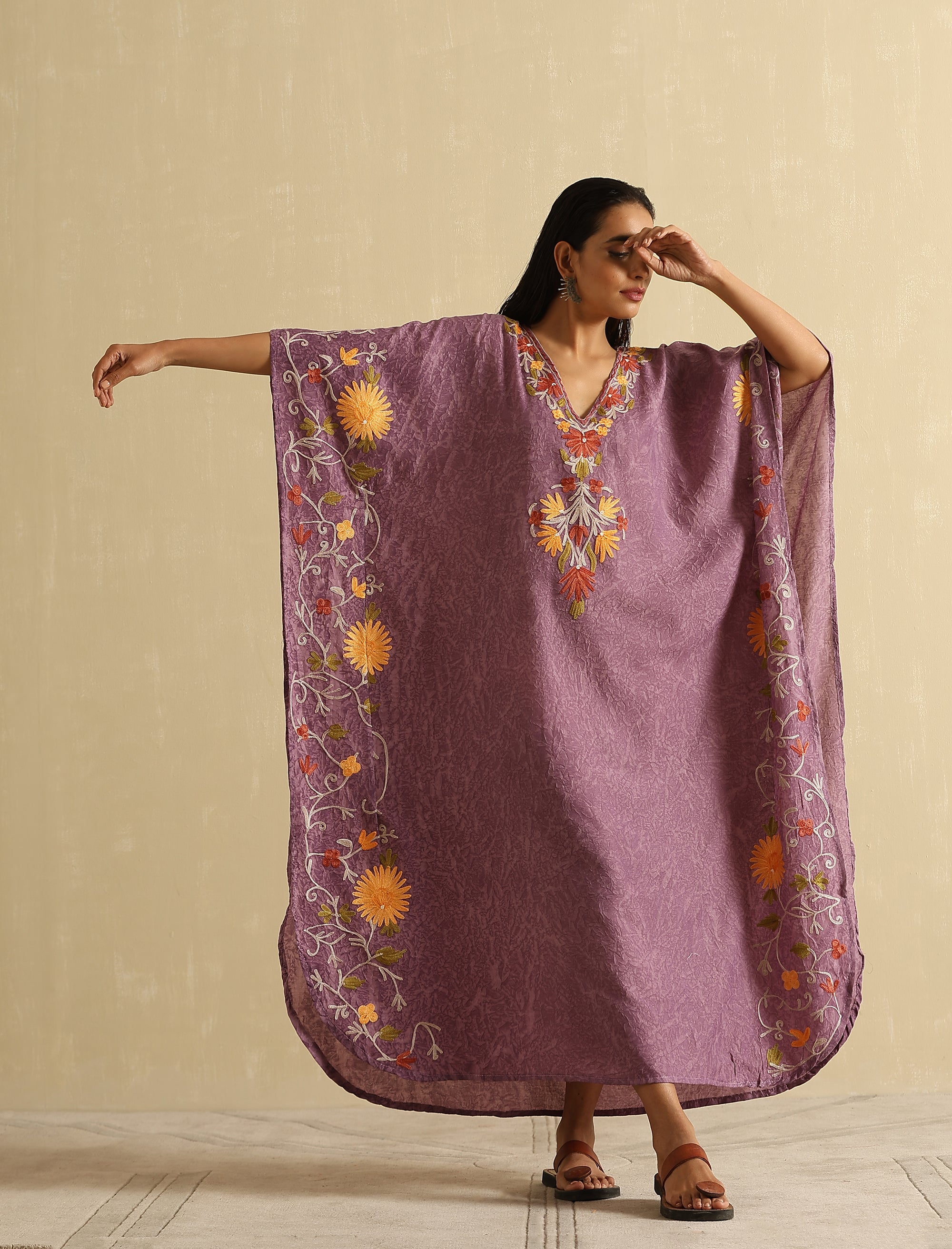 Mauve Aari Embroidered Kashmiri Kaftan- Long