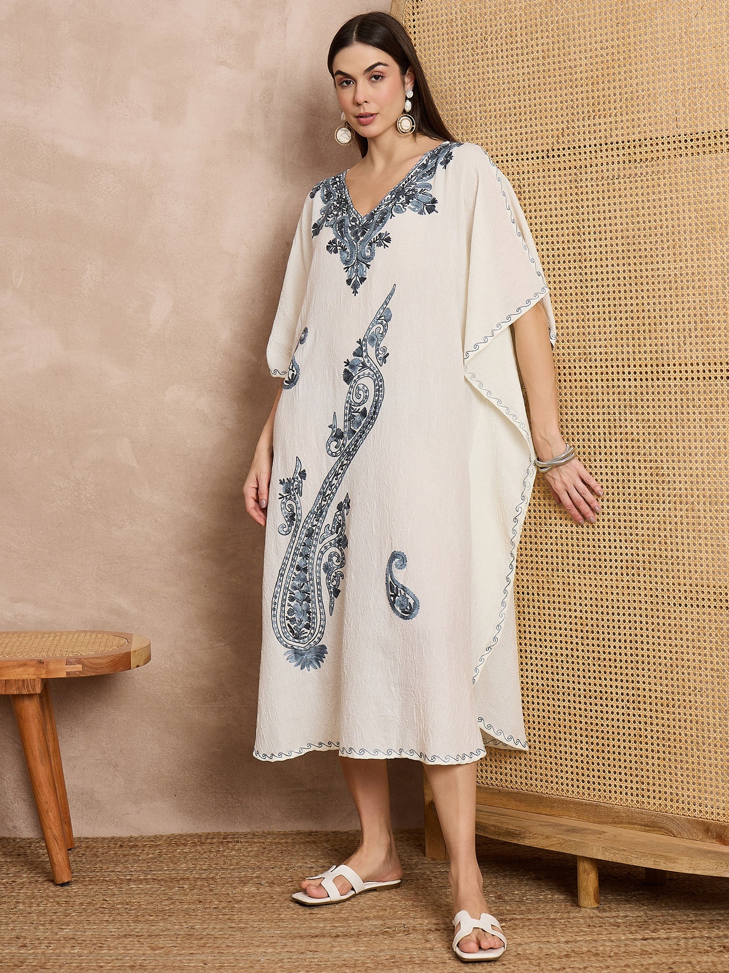 Ivory Kashmiri Embroidered Long Kaftan