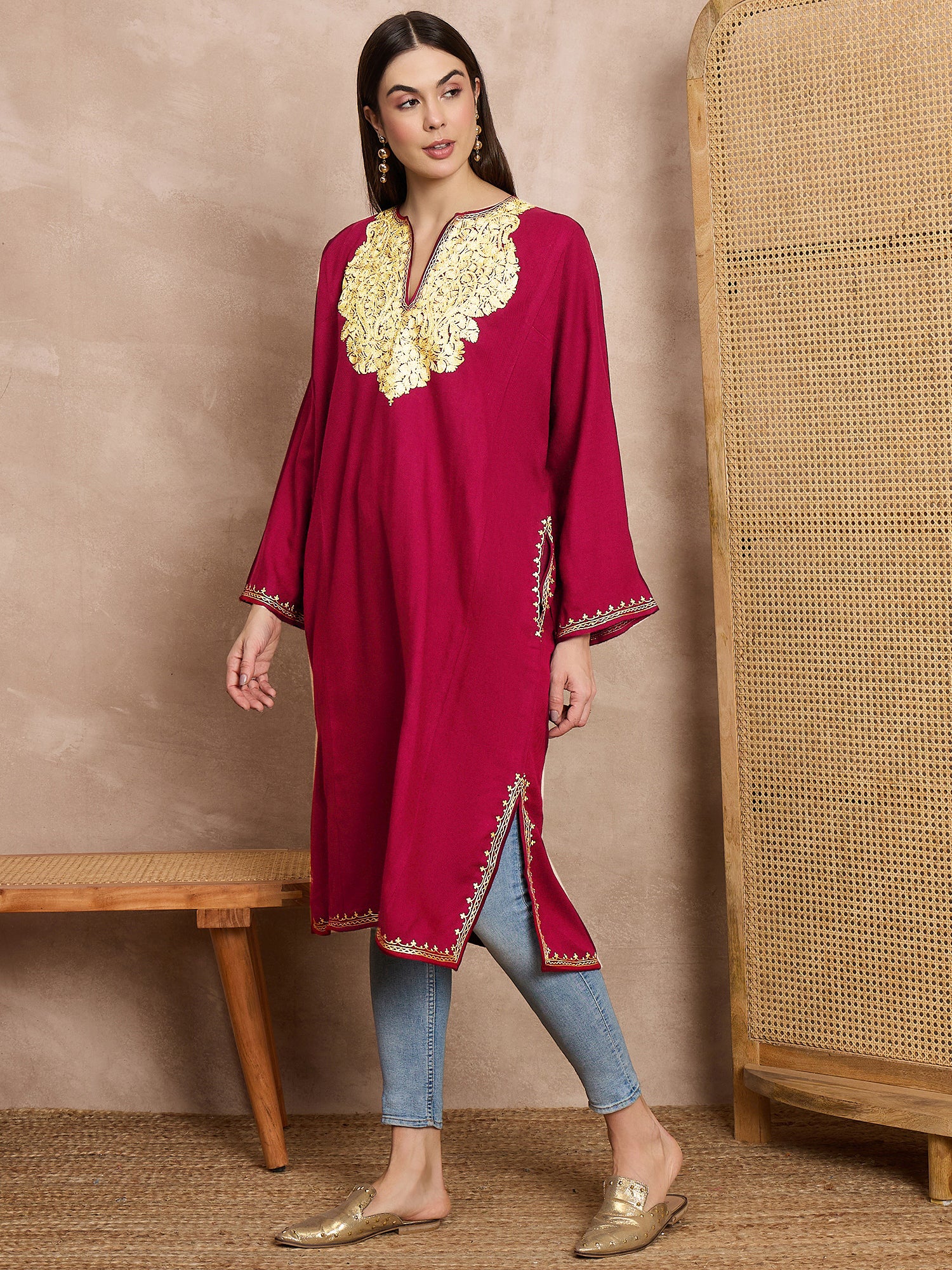 Lyla Red Kashmiri Woollen Phiran with Zari Embroidery