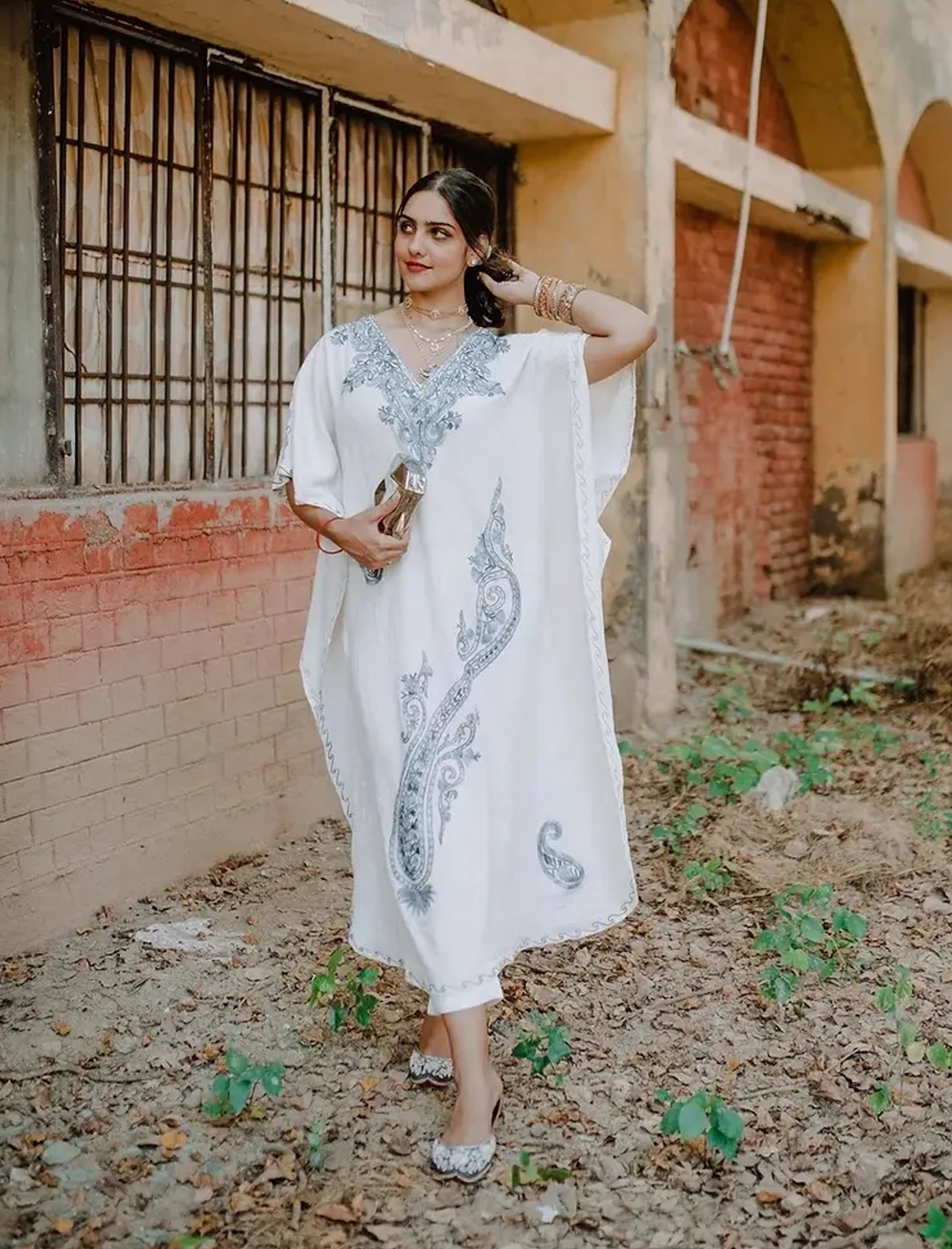 Ivory Kashmiri Embroidered Long Kaftan