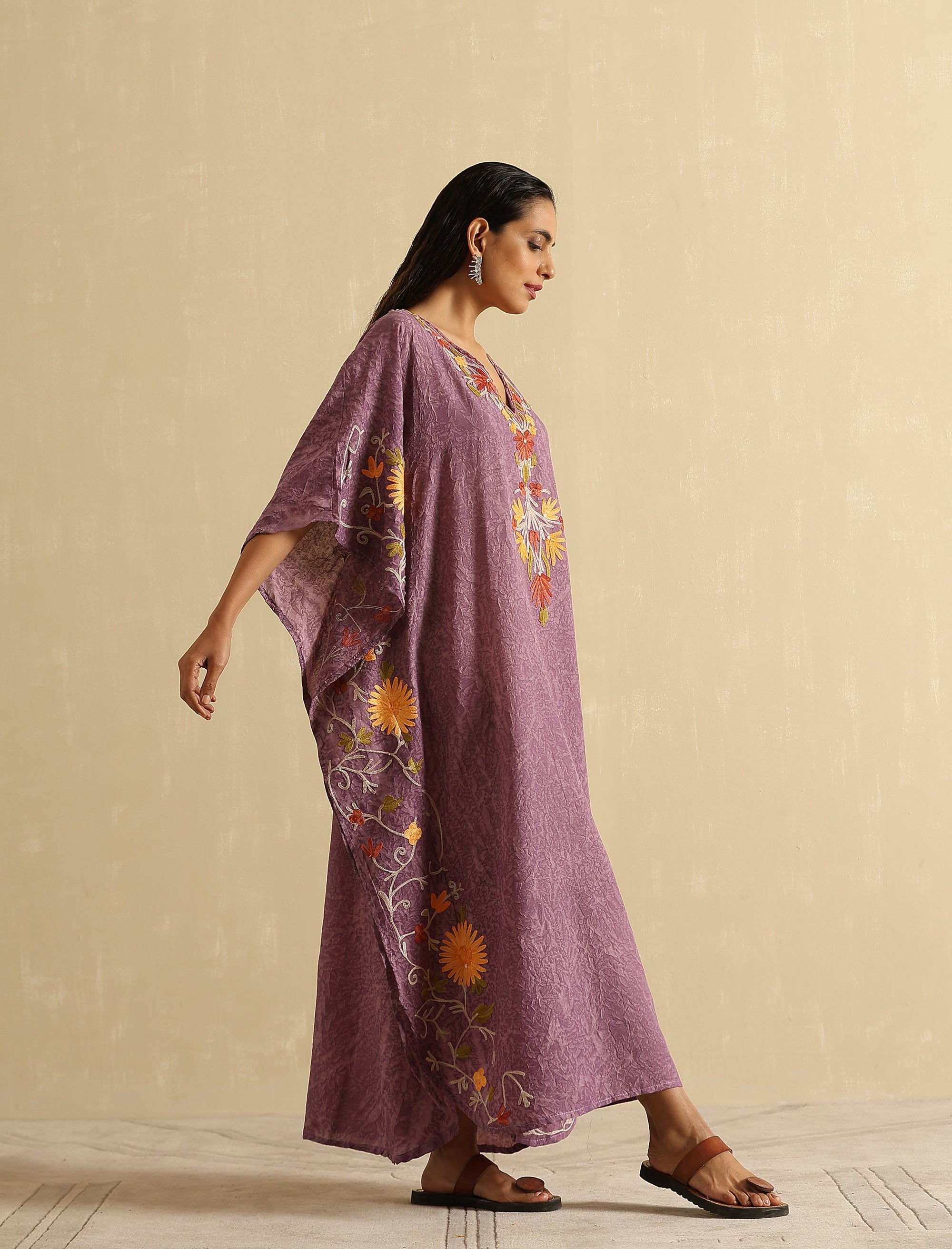 Mauve Aari Embroidered Kashmiri Kaftan- Long