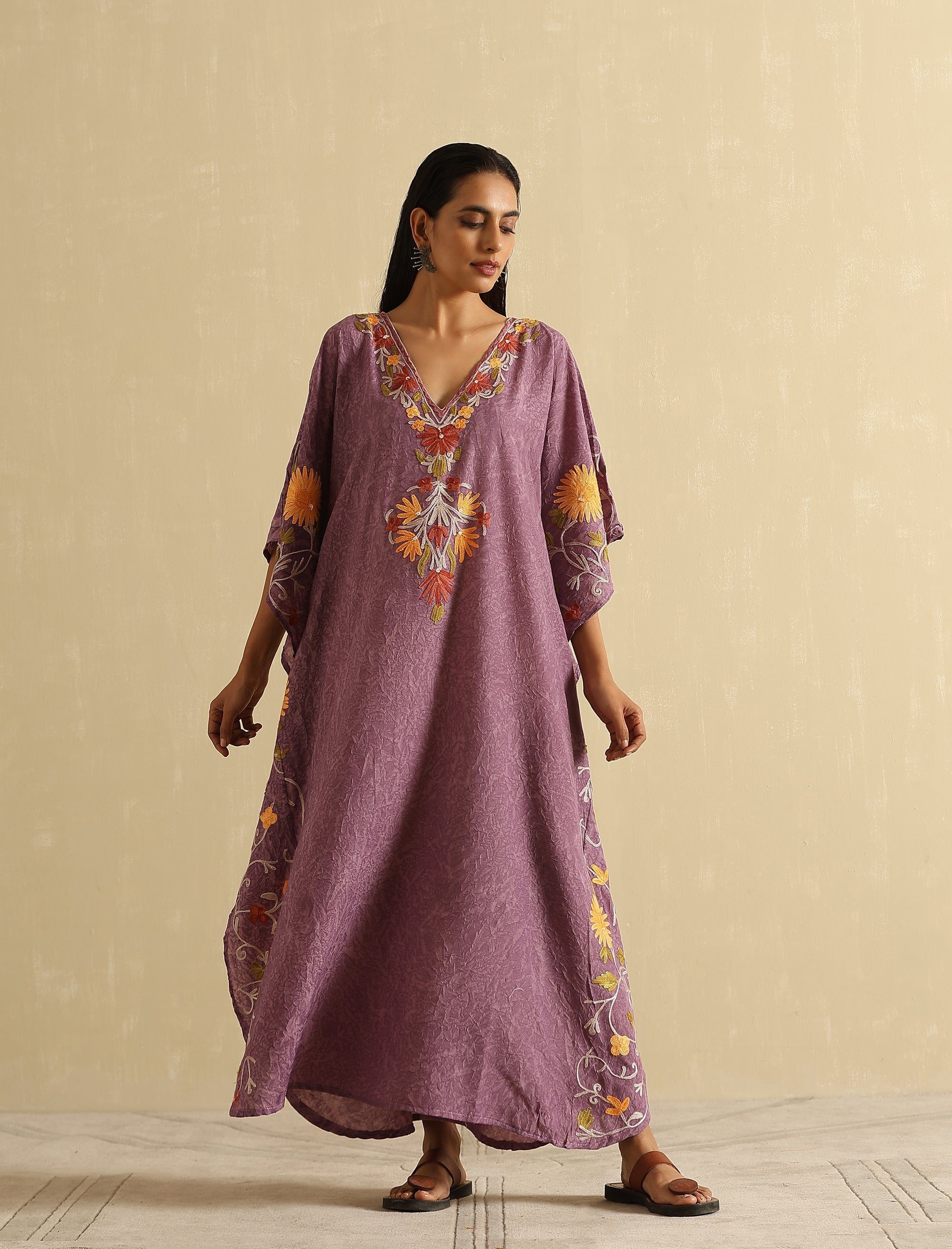 Mauve Aari Embroidered Kashmiri Kaftan- Long