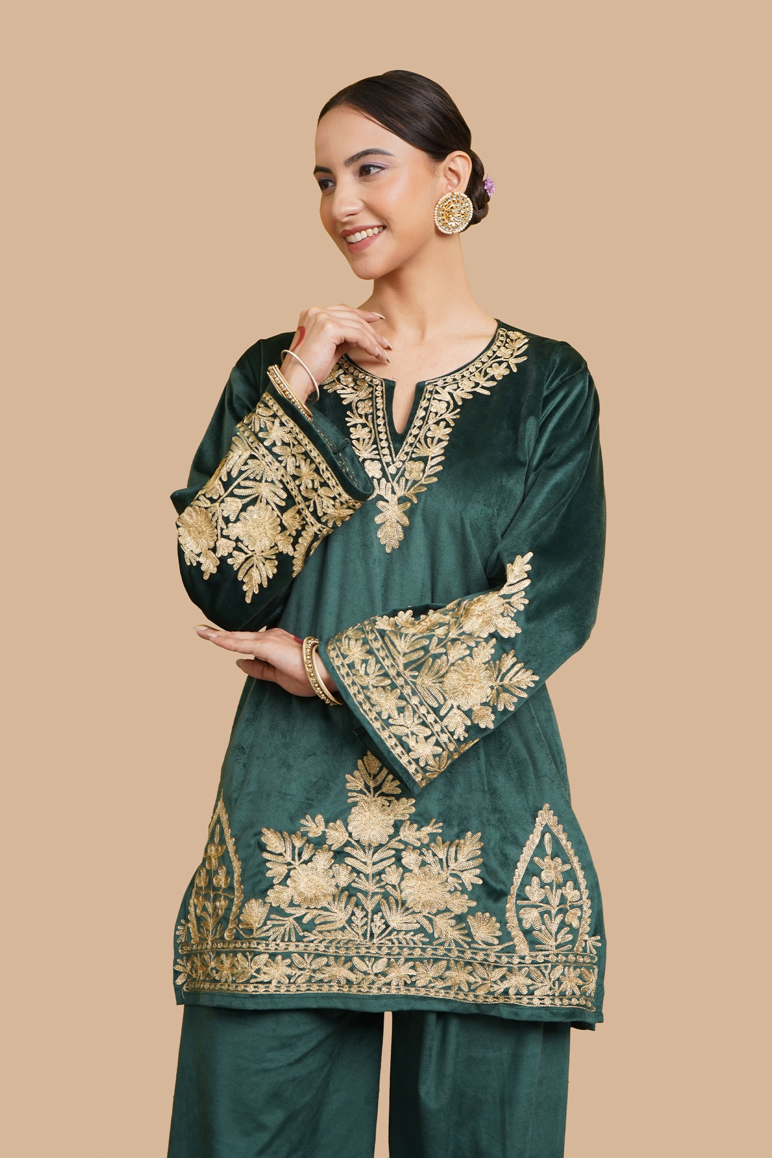 Malika Zari Embroidered Green Velvet Coord Kurta Set