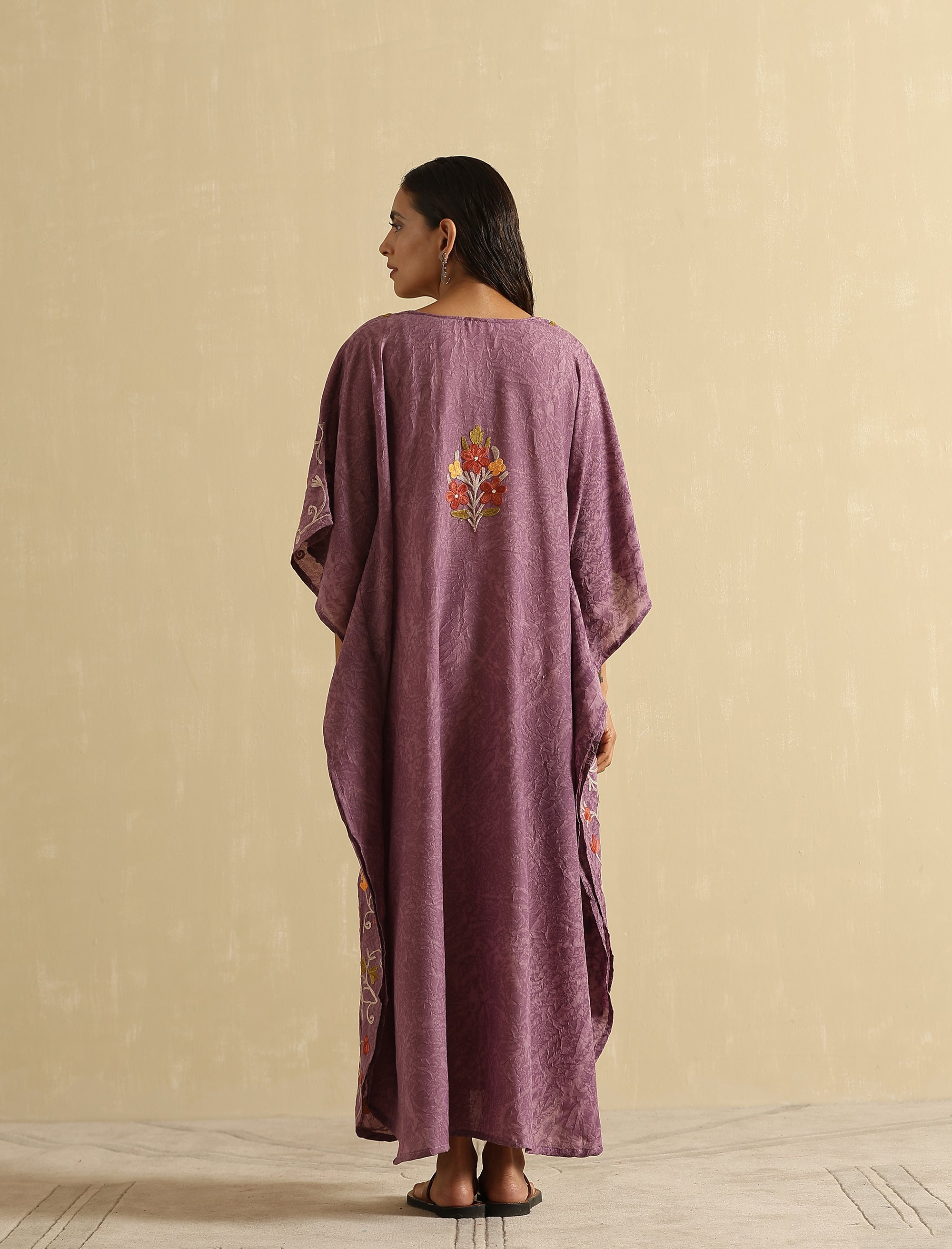 Mauve Aari Embroidered Kashmiri Kaftan- Long