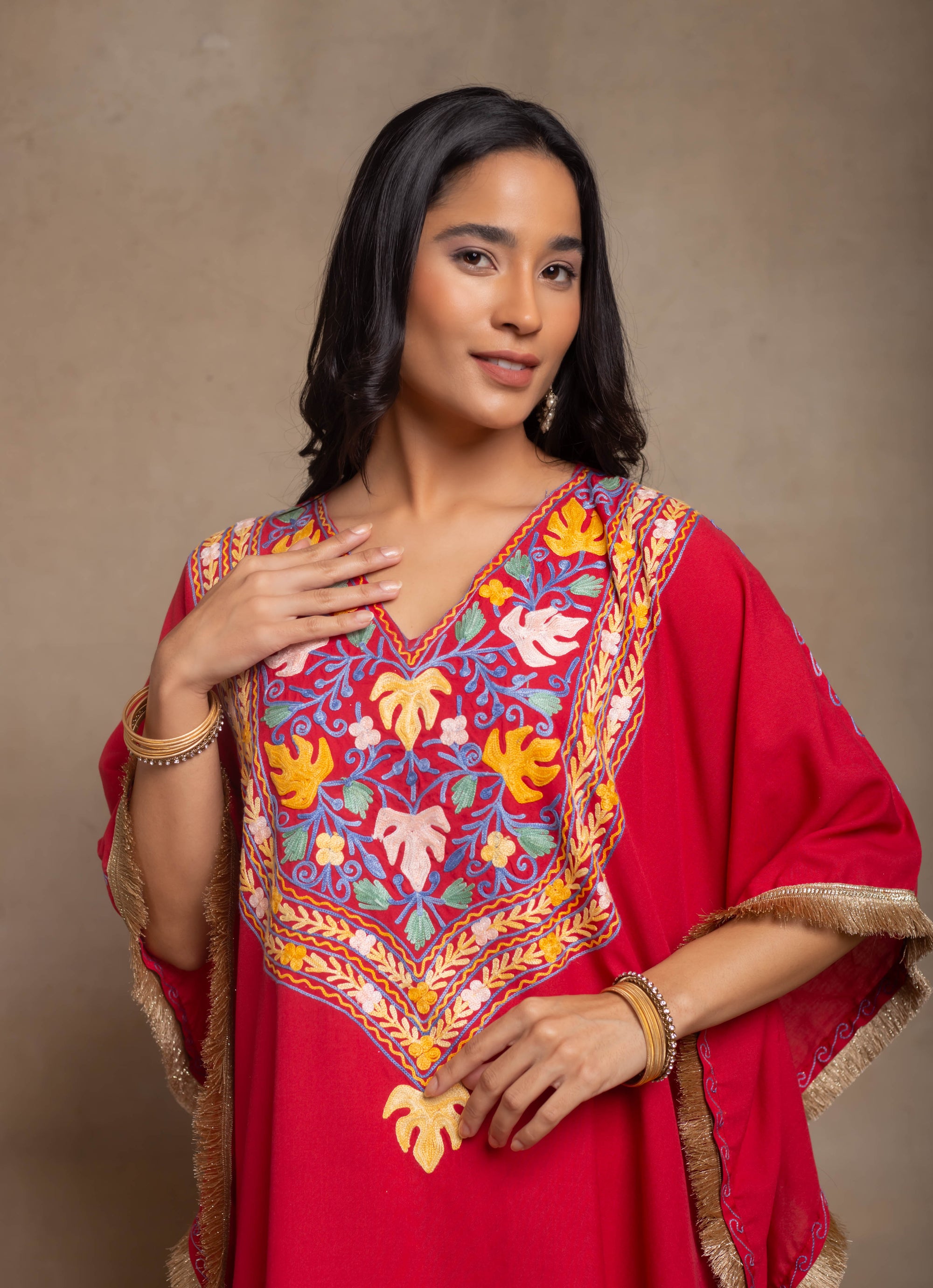 Myra Red Fringe Kashmiri Kaftan Coord Set