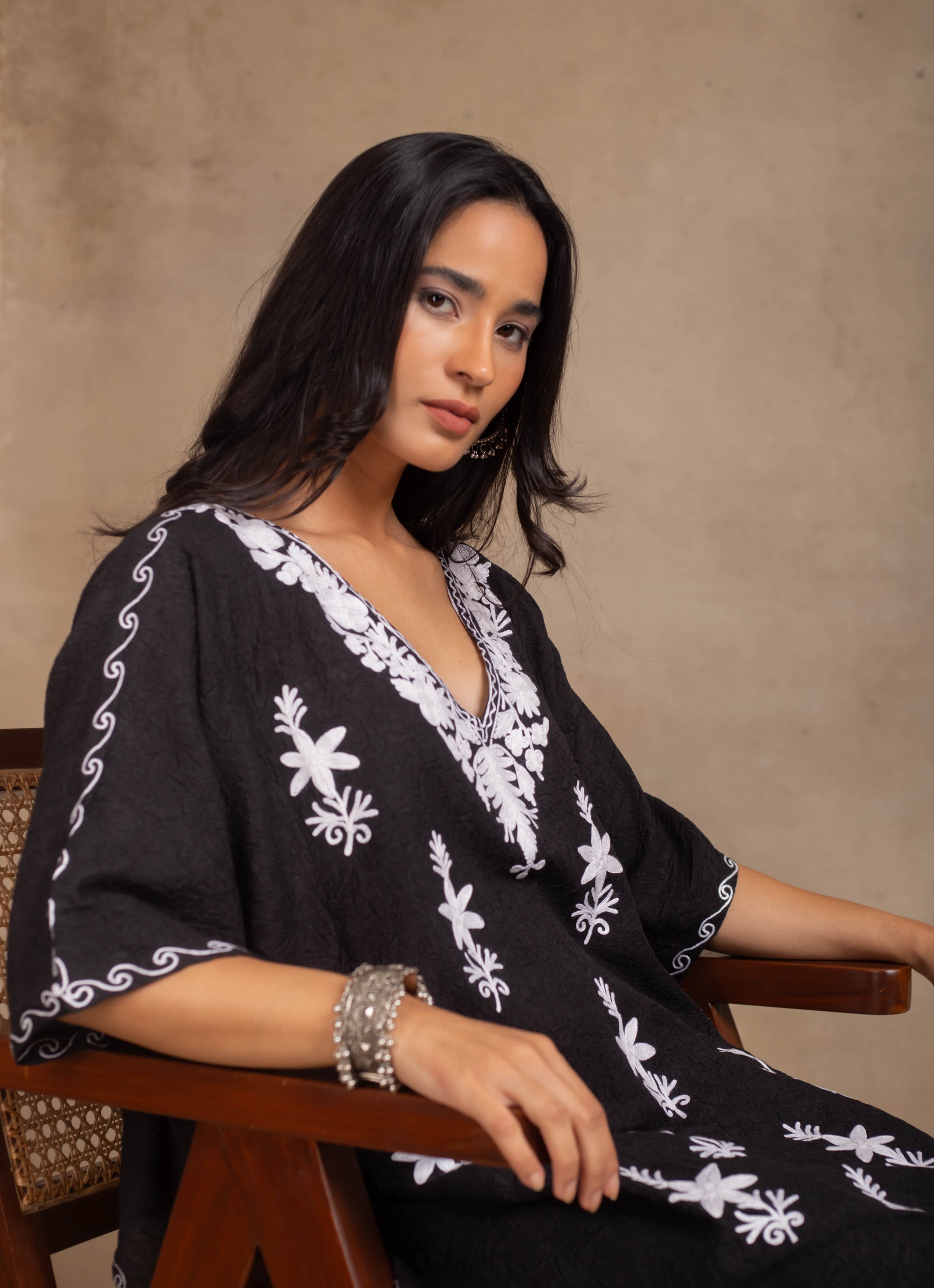 Mahreen Black Kashmiri Kaftan Coord Set