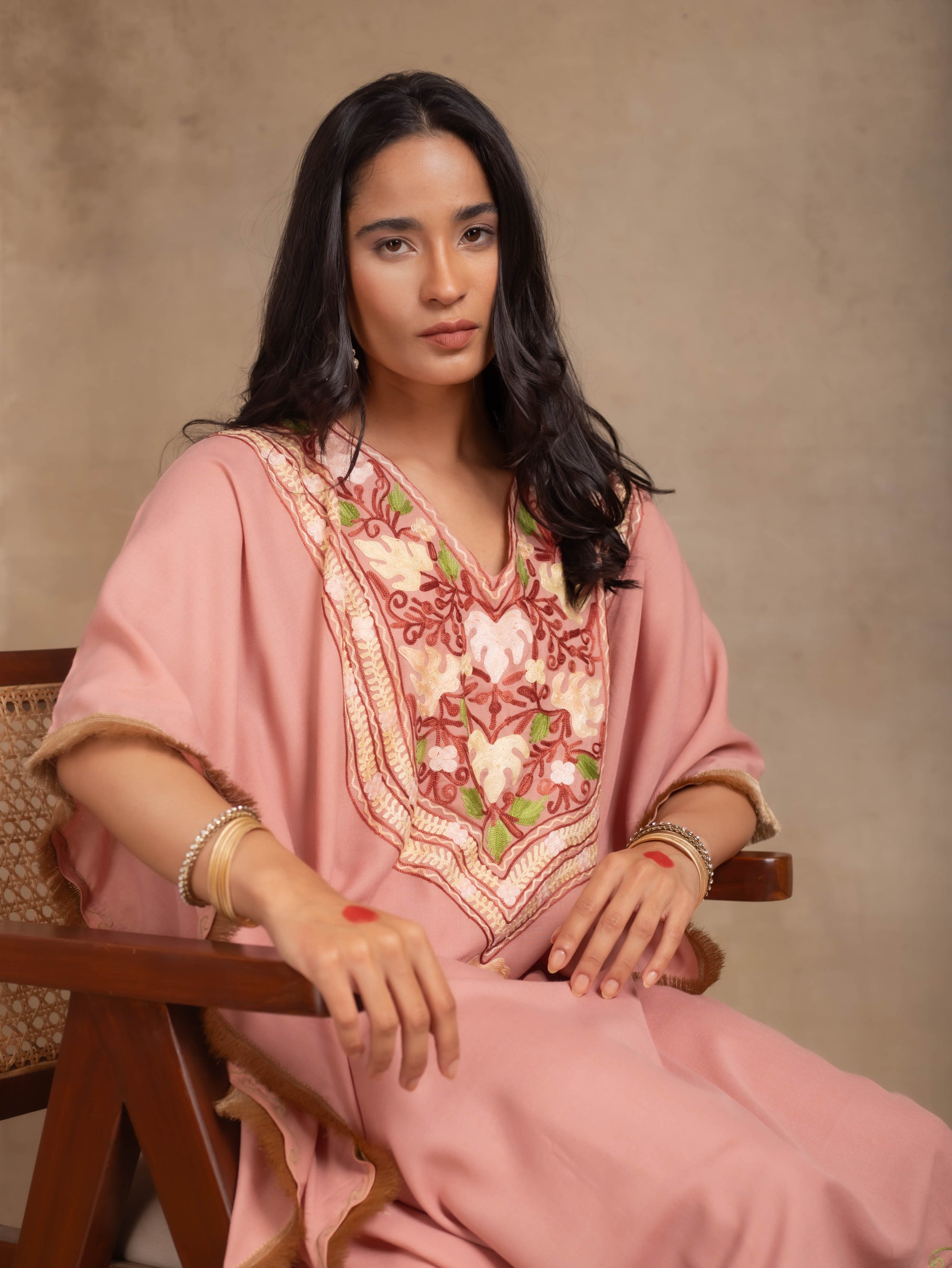 Heer Pastel Pink Fringe Kashmiri Kaftan Coord Set