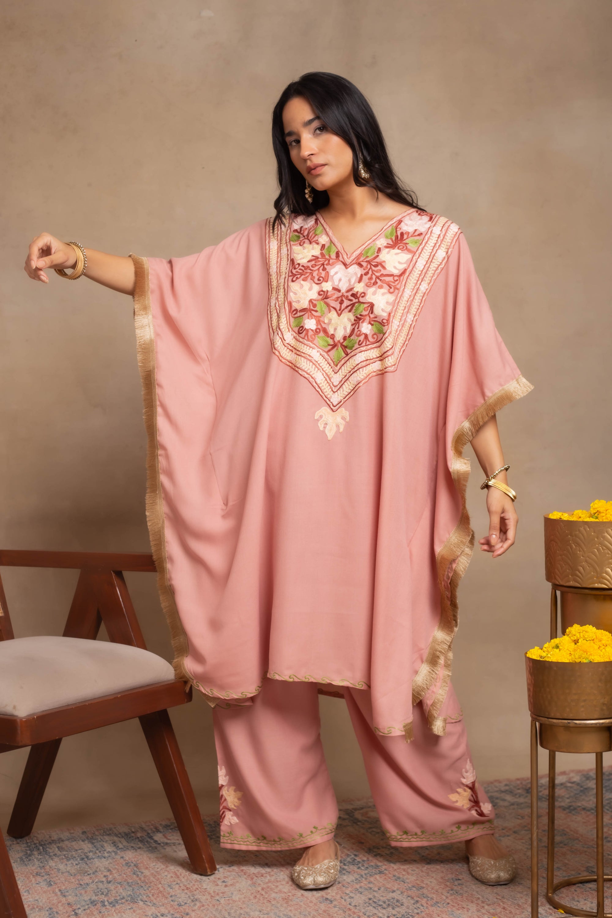 Heer Pastel Pink Fringe Kashmiri Kaftan Coord Set