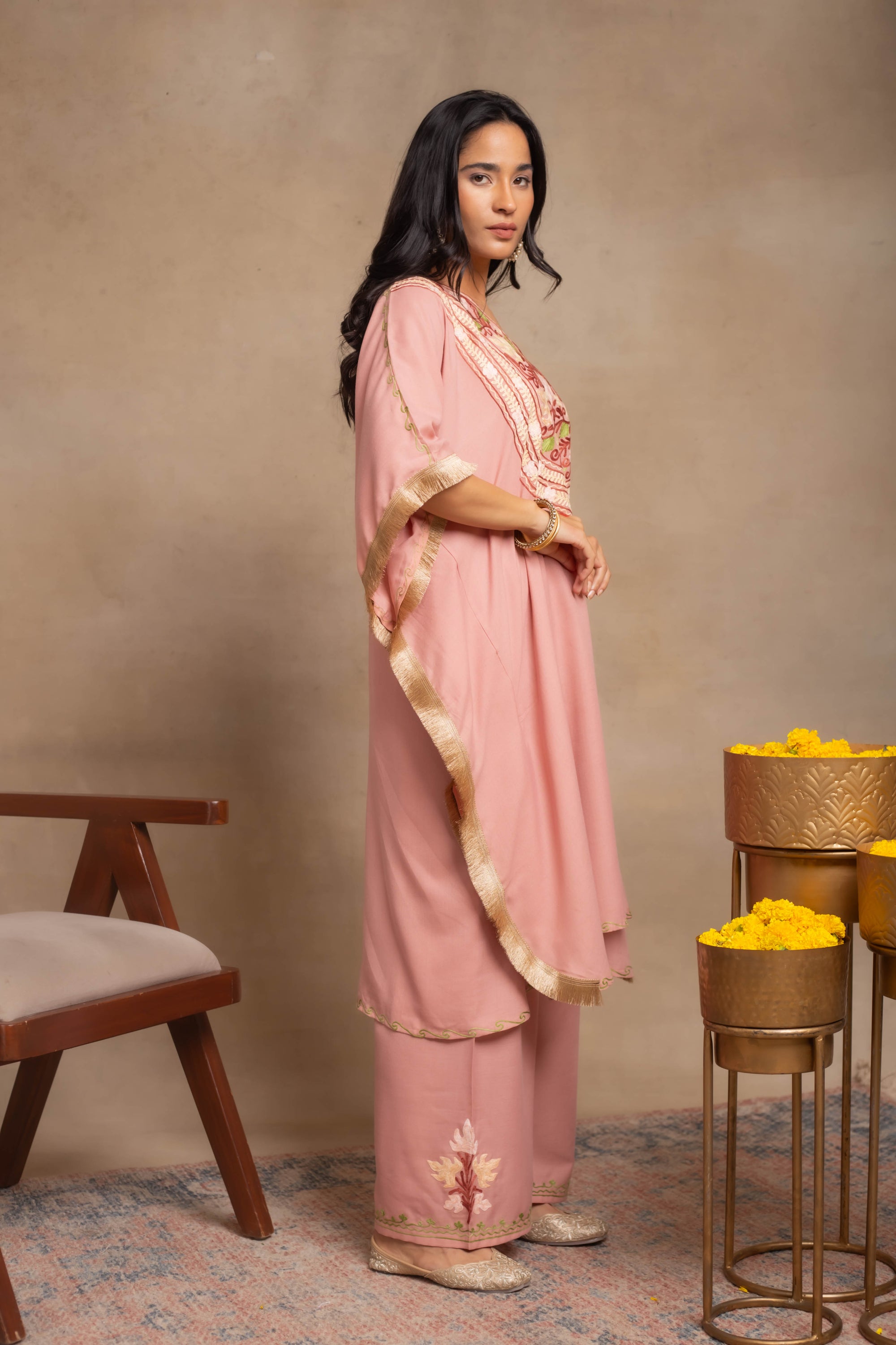 Heer Pastel Pink Fringe Kashmiri Kaftan Coord Set