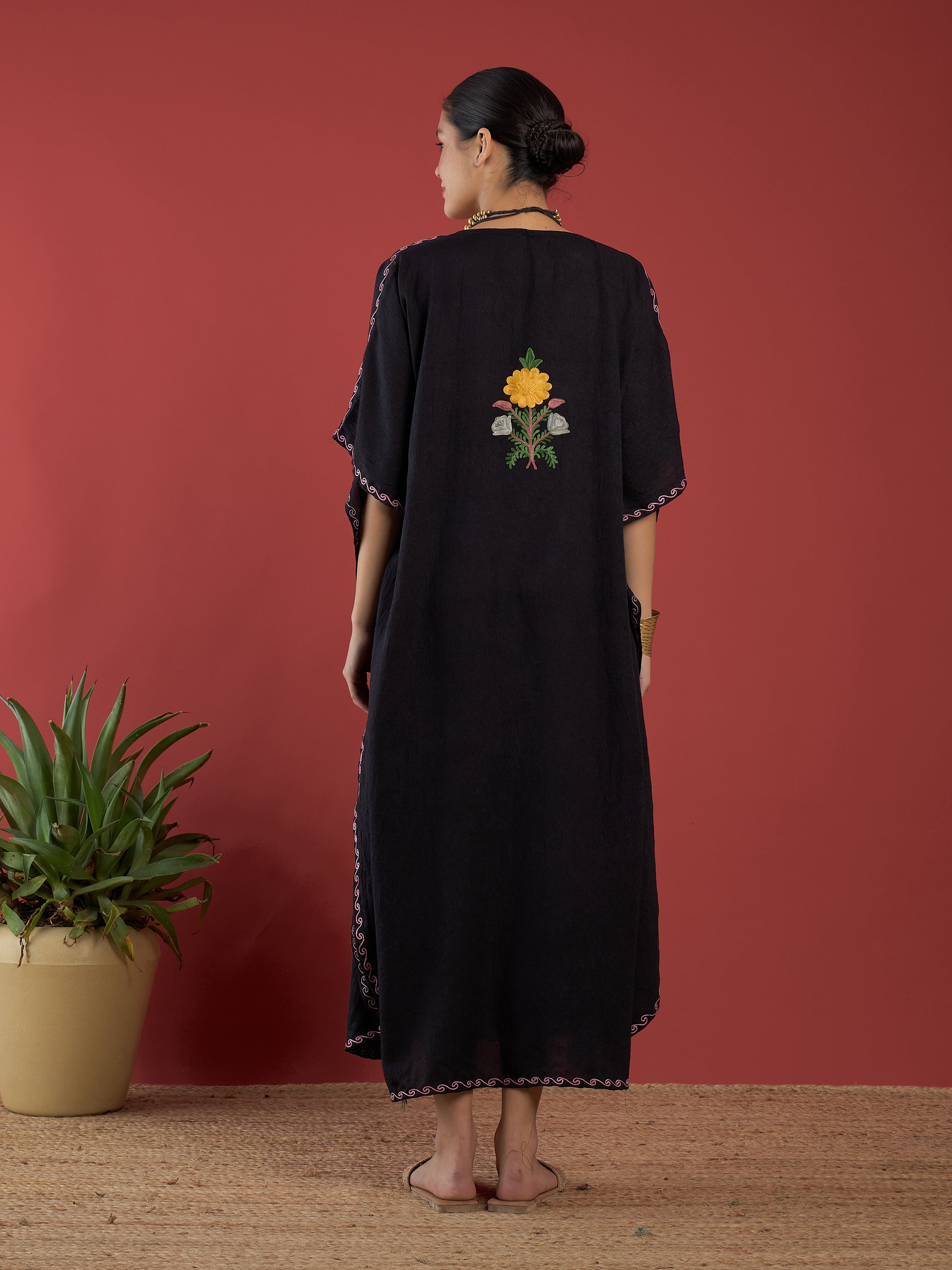 Pirate-Black Long kashmiri Kaftan with Ari-Embroidery and Embellished 2024 Sequins