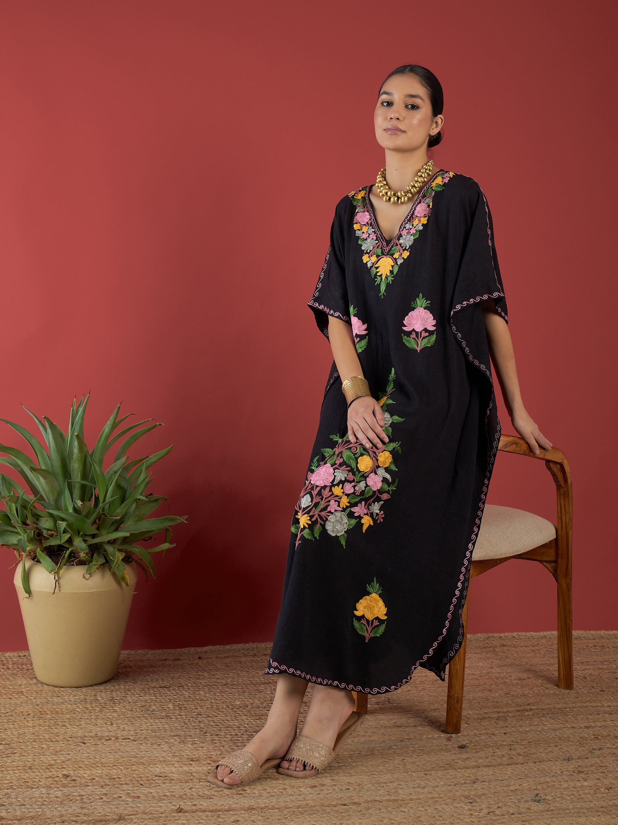 Jet Black Aari Embroidered Kashmiri Kaftan - Long