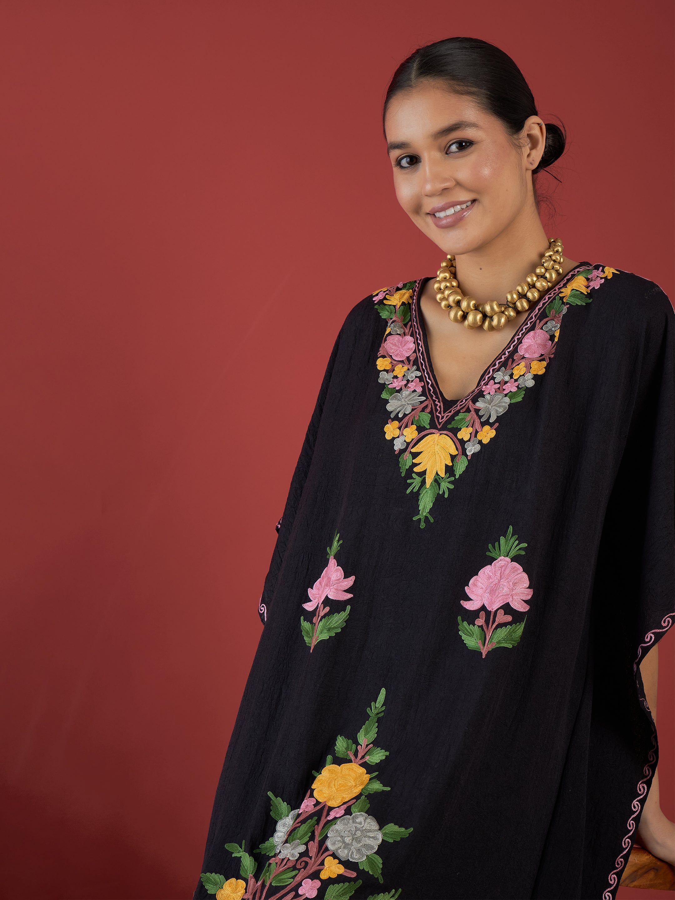 Pirate-Black Long kashmiri Kaftan with Ari-Embroidery and Embellished 2024 Sequins