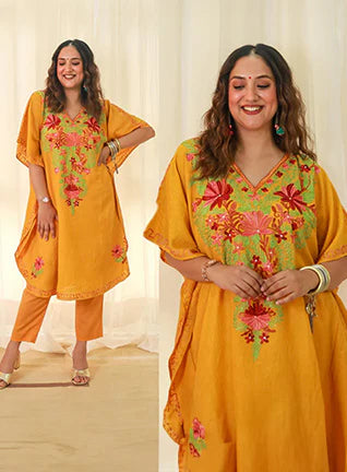 Mustard Yellow Kashmiri Embroidered Kaftan - Short