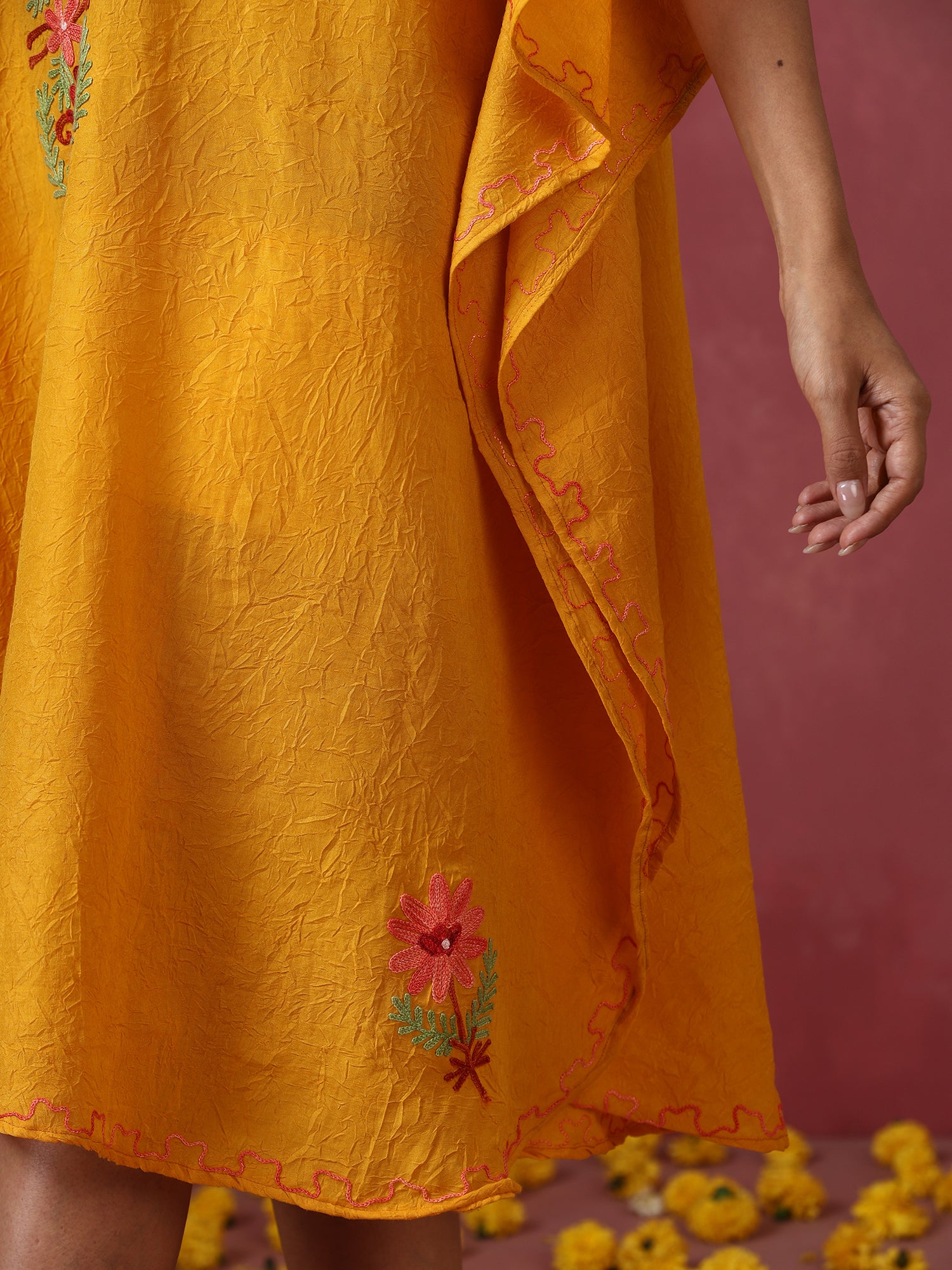 Mustard Yellow Kashmiri Embroidered Kaftan - Short