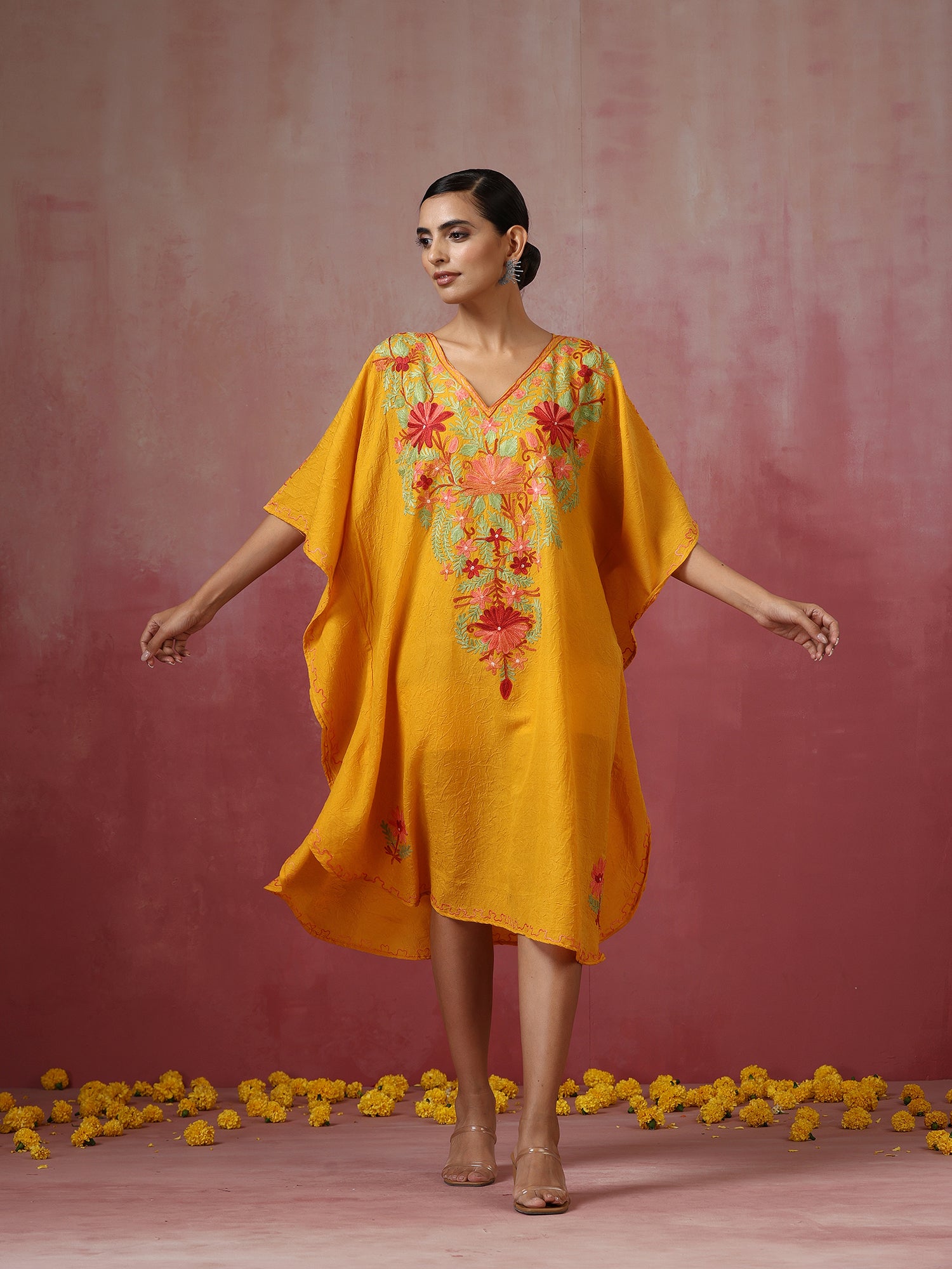 Mustard Yellow Kashmiri Embroidered Kaftan - Short