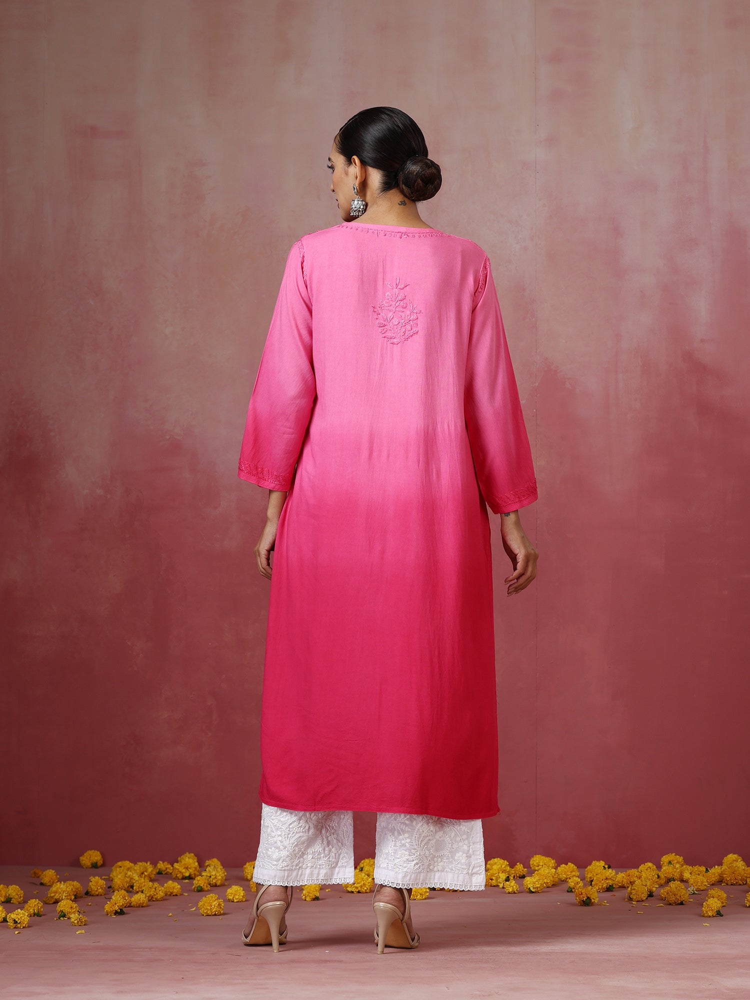 Nadia Pink Ombre Chikankari Straight Kurta