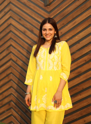 Sara Yellow Short Chikankari Anarkali Kurta Set