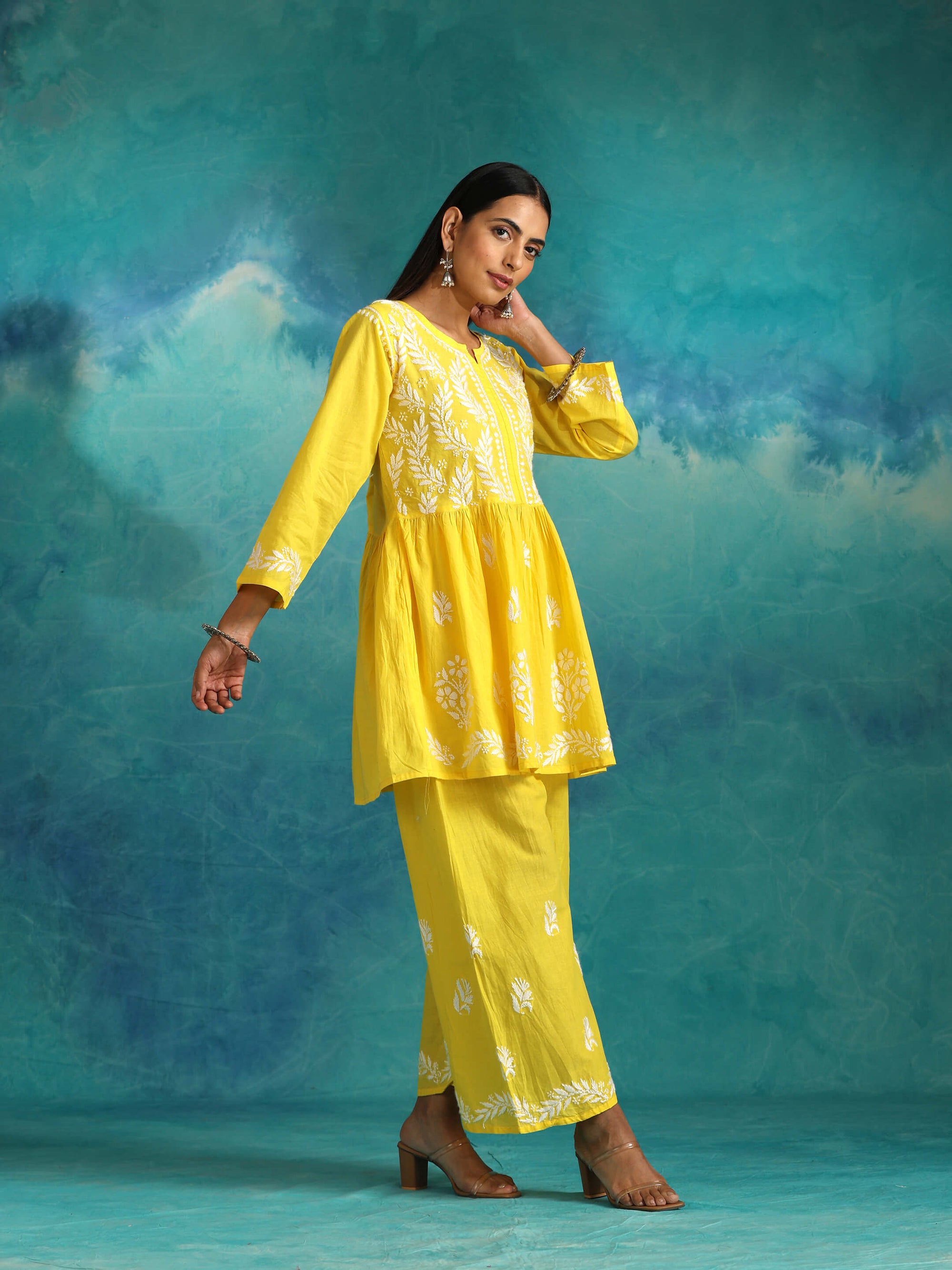 Sara Yellow Short Chikankari Anarkali Kurta Set