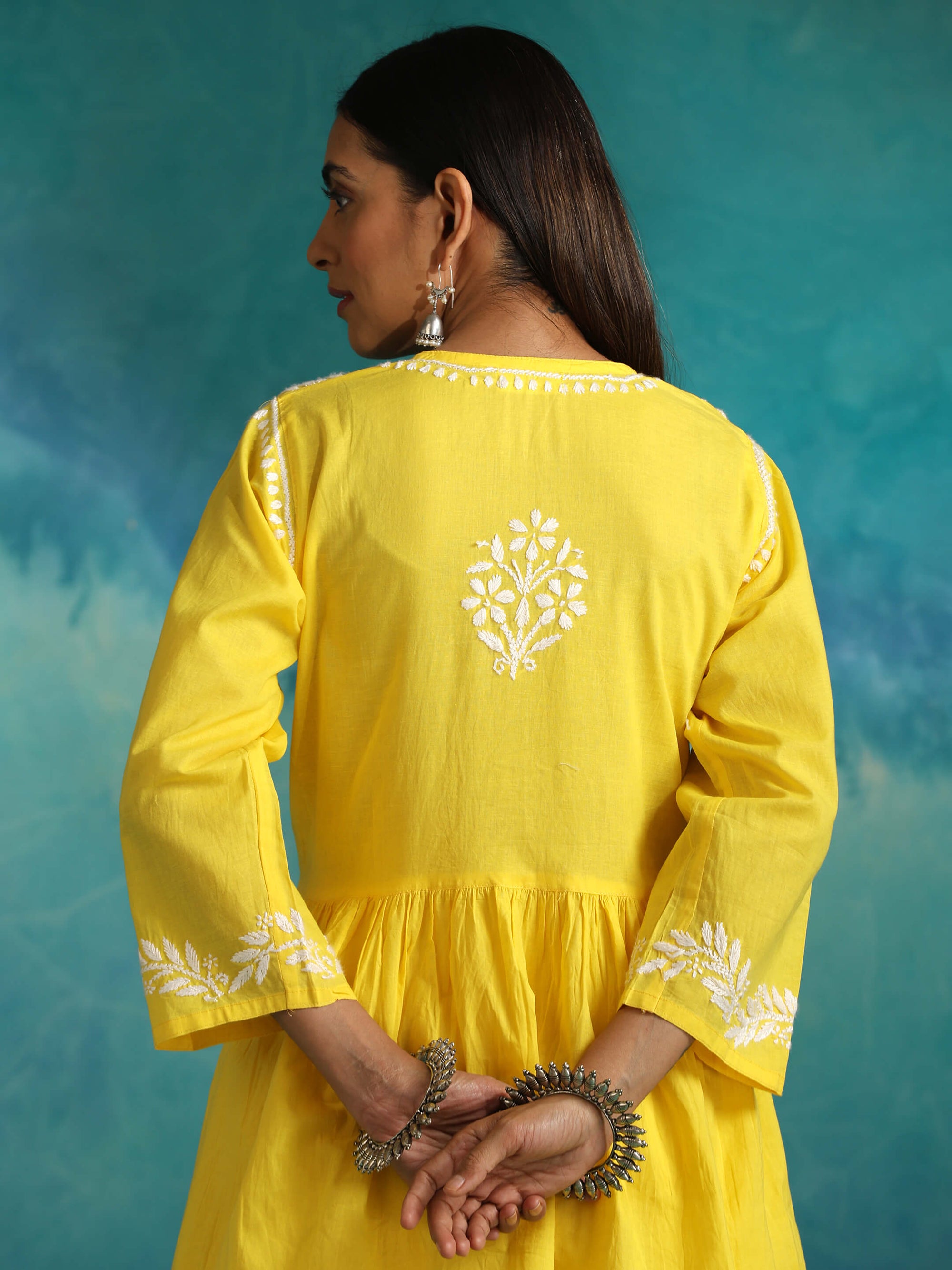 Sara Yellow Short Chikankari Anarkali Kurta Set