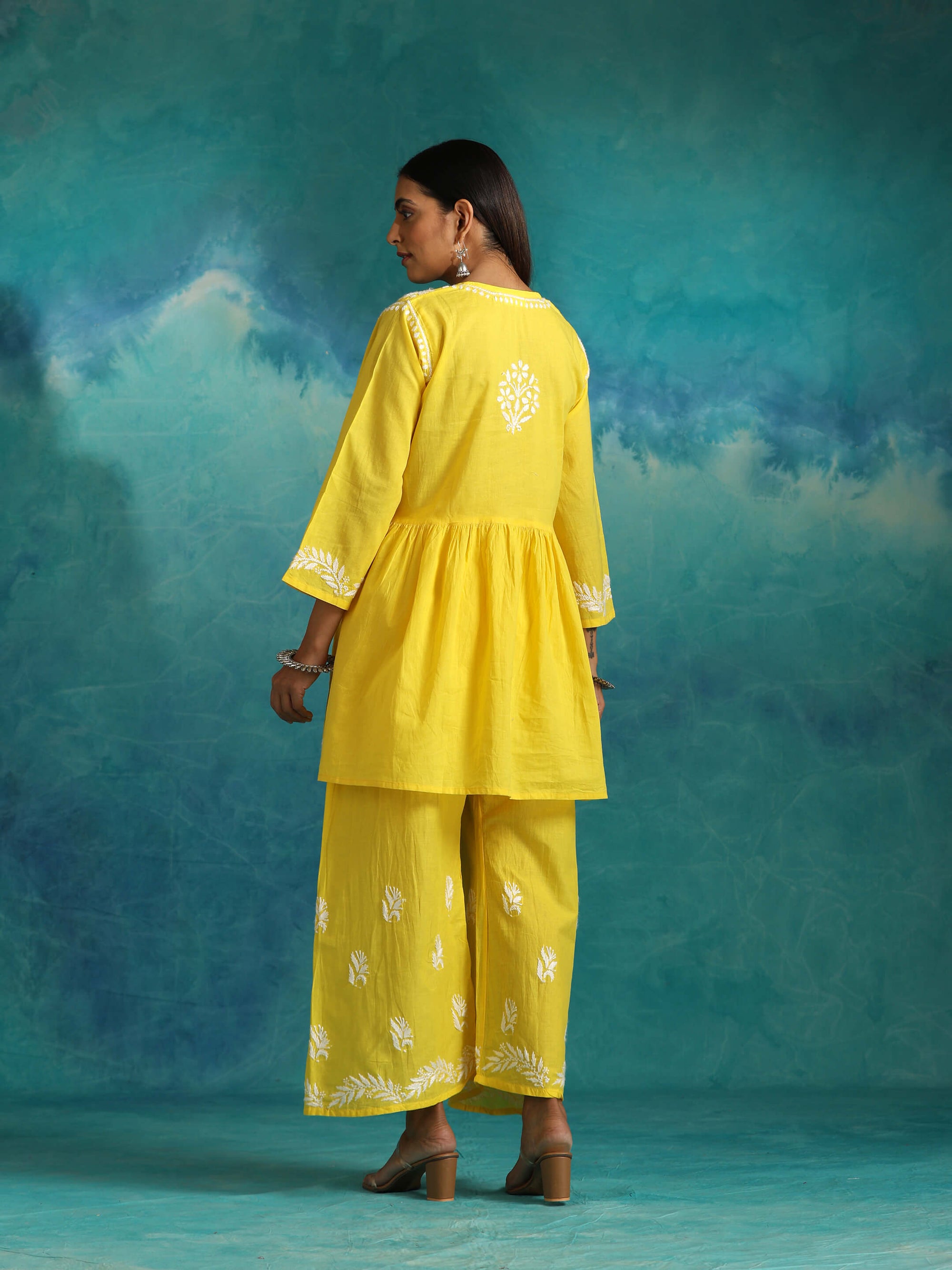 Sara Yellow Short Chikankari Anarkali Kurta Set