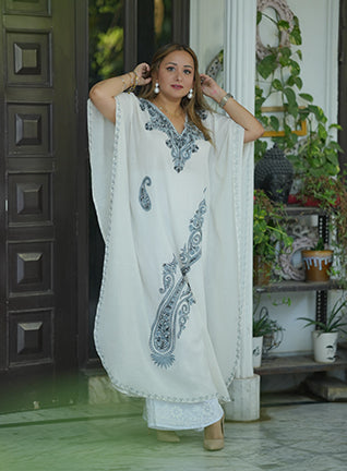 Ivory Kashmiri Embroidered Long Kaftan