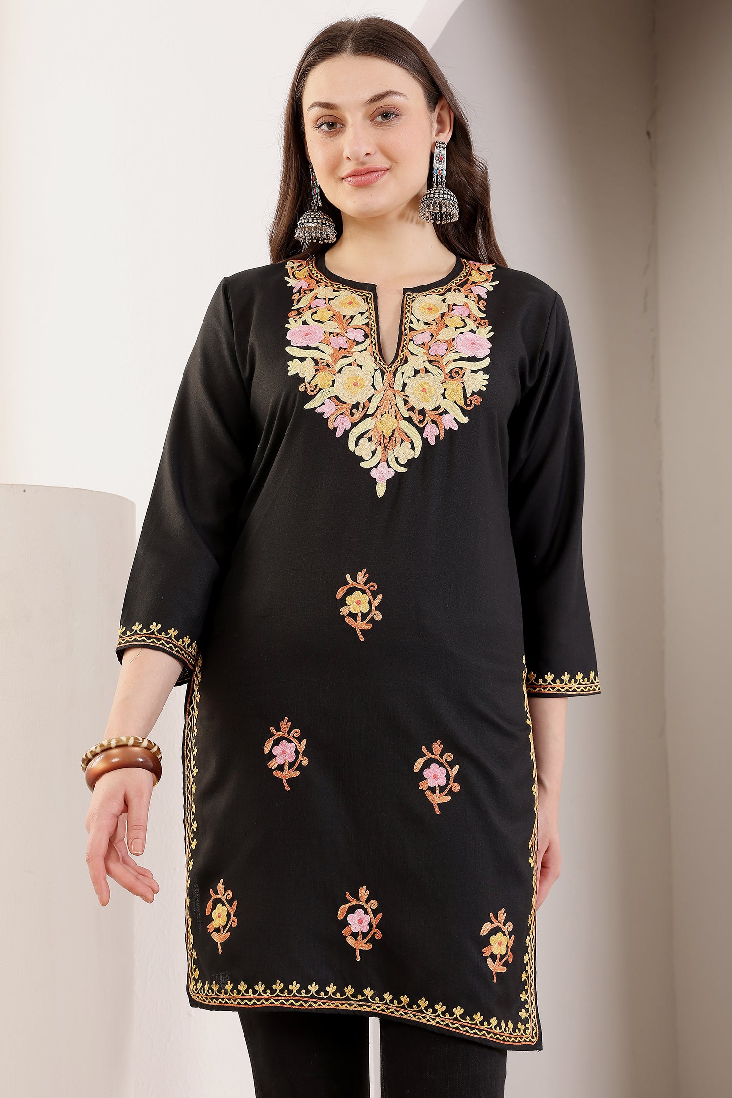 Mina Black Kashmiri Straight Long Kurta