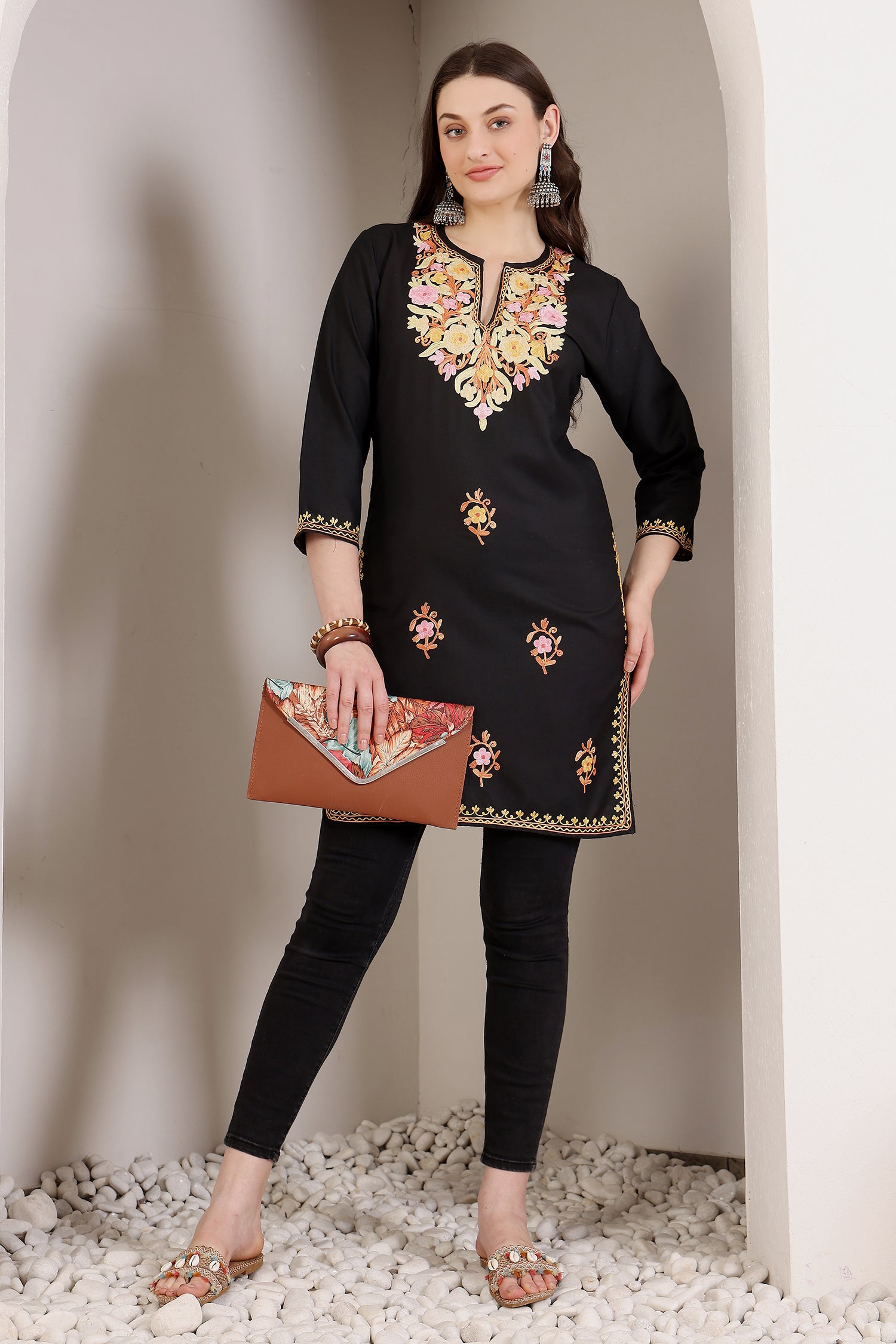 Mina Black Kashmiri Straight Long Kurta