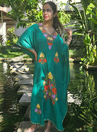 Pine Green Aari Embroidered Kashmiri Kaftan - Long