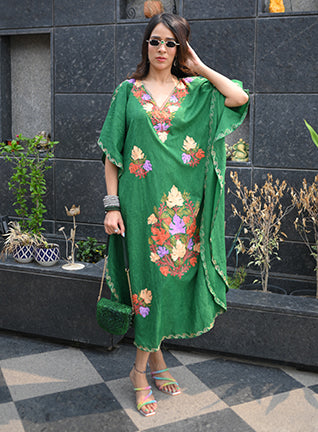 Pine Green Aari Embroidered Kashmiri Kaftan - Long